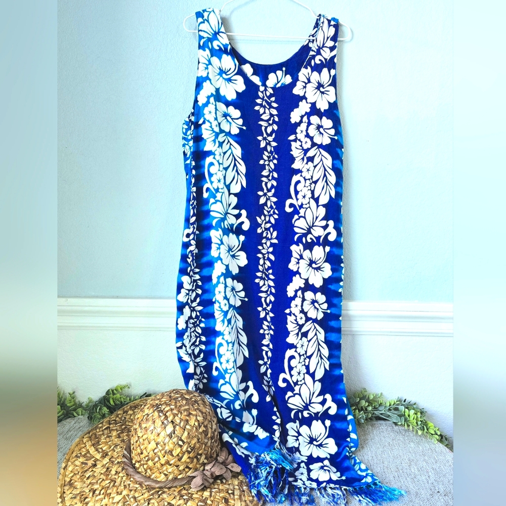 Elegant Blue Floral Swim Coverup with Fringed Hemline